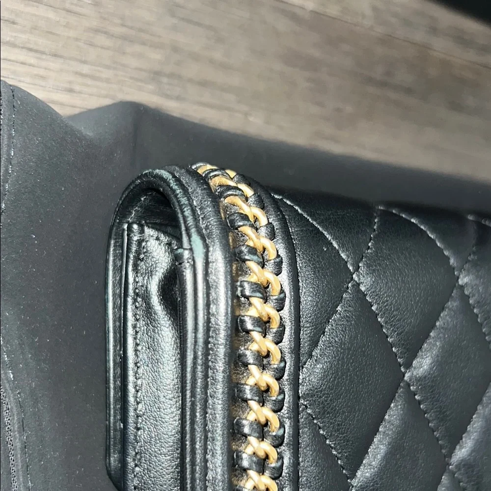 RARE!! Chanel Black and Gold Quilted distressed chain flap wallet